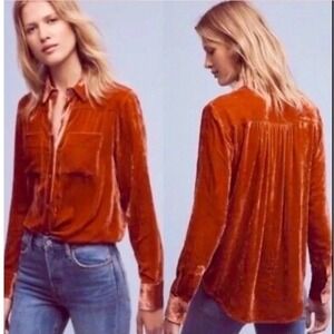 Pilcro Anthropologie Hadley Velvet Button Up Shirt M Pumpkin Orange Boho Fall